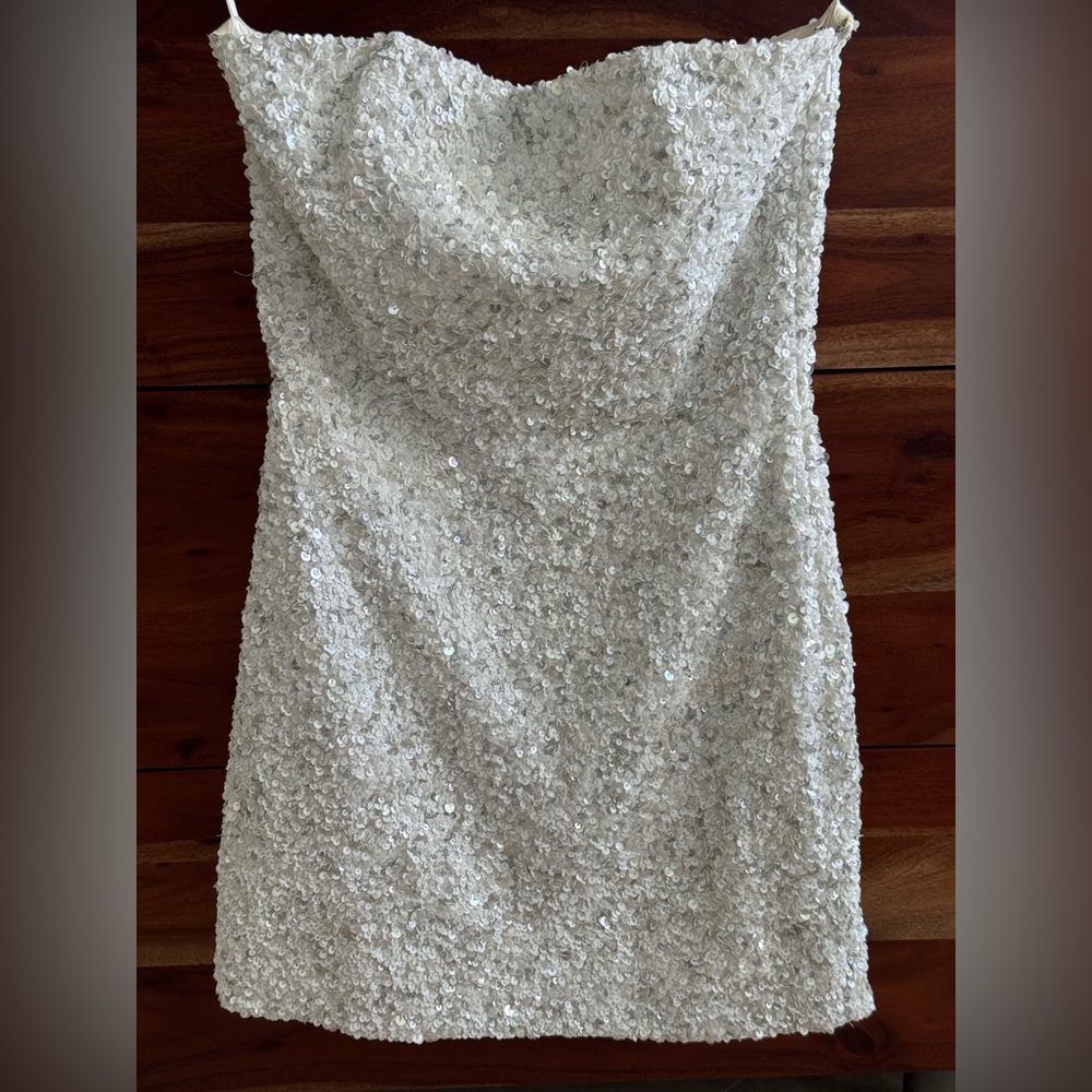 Retrofete White Sequin Strapless Mini Dress
